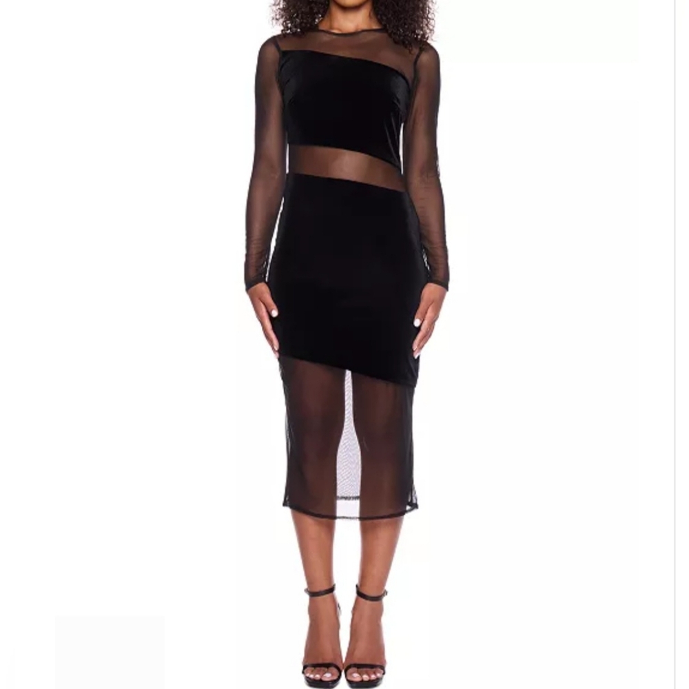 B Darlin Dress 0 Black Mesh Velour Asymmetrical Midi Bodycon Long Sleeve New $70